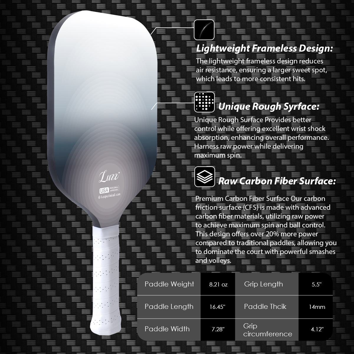 Luzzpickleball Ultra Fog Original Paddle (14mm) T700 Raw Carbon Fiber|Frameless|Thermoformed