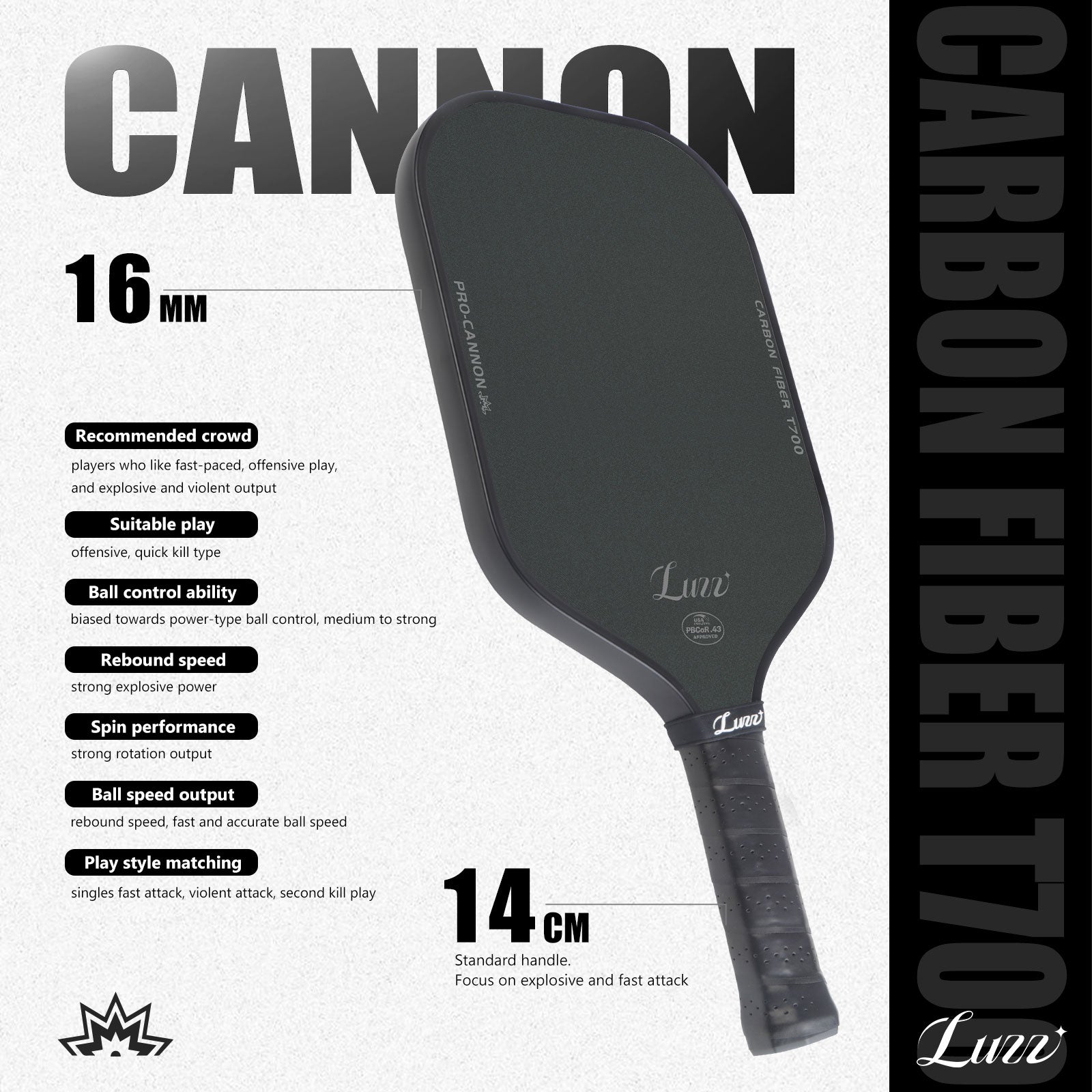 Luzzpickleball Cannon Paddle T700 Carbon Friction Surface|Thermoformed