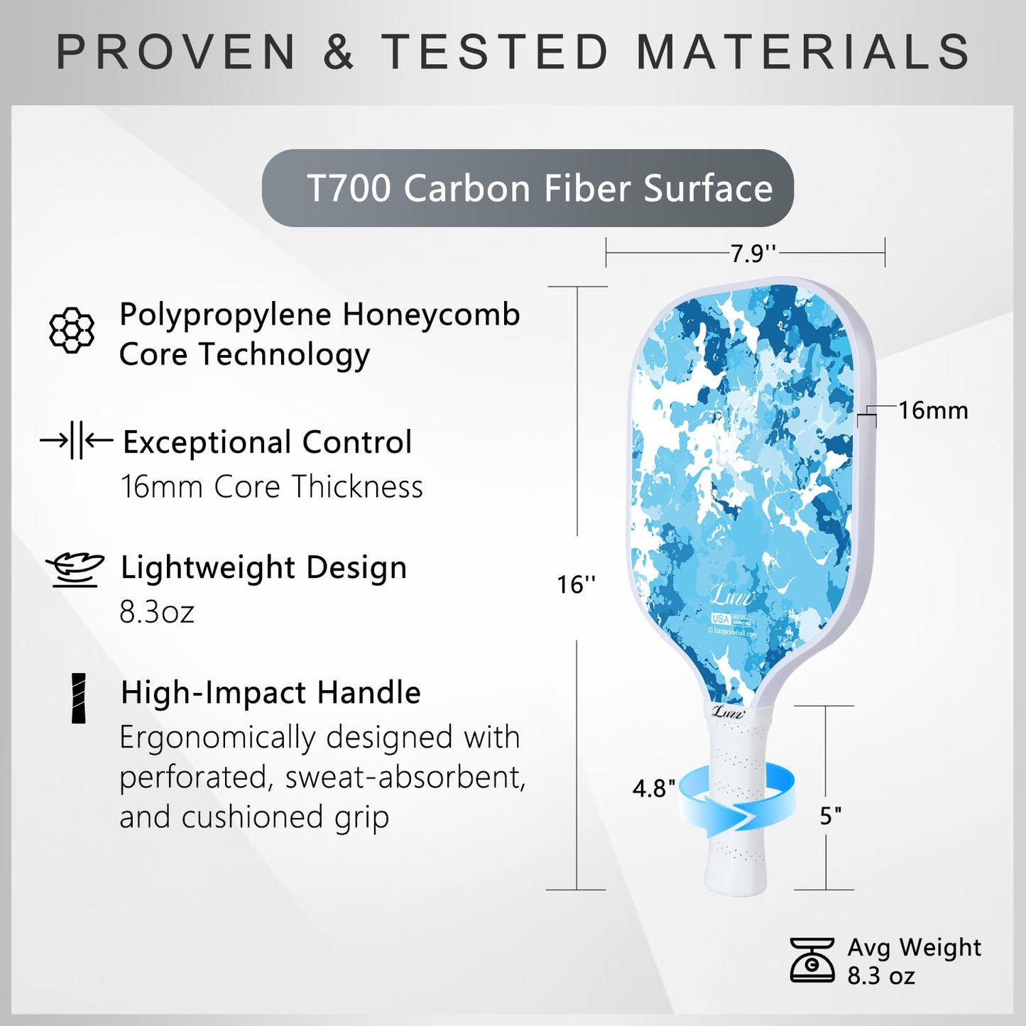 Luzzpickleball Origin Paddle (16mm) T700 Carbon Fiber| Sandblasted Surface